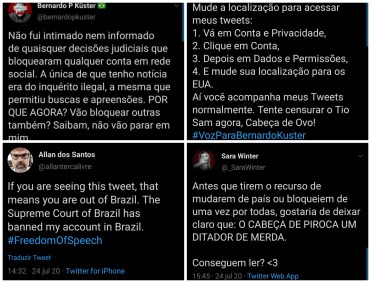 Mensagens de bolsonaristas no Twitter após terem suas contas restingidas