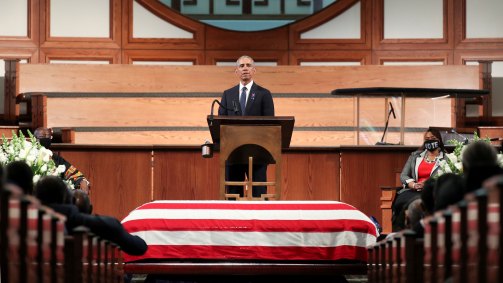 Ex-presidente dos EUA Barack Obama discursa durante velório de John Lewis