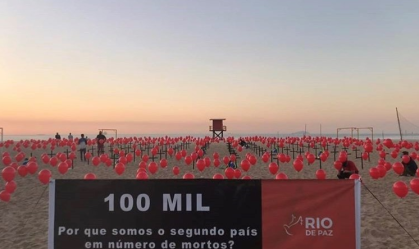 ONG faz homenagem às 100 mil vítimas de Covid-19 com balões em Copacabana