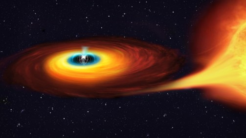 Concepção artística de uma anã branca capturando matéria de uma estrela companhe