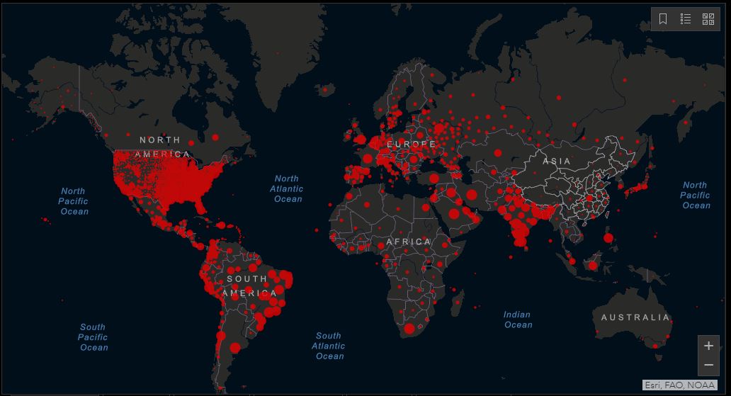 24 milhões de casos da Covid-19 - Mapa JHU