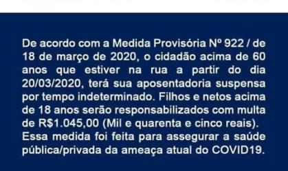 MP 922: Boato inventa falsa punição a idosos que saírem de casa
