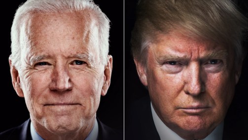 Joe Biden à esquerda e Donald Trump à direita, com uma linha entre eles