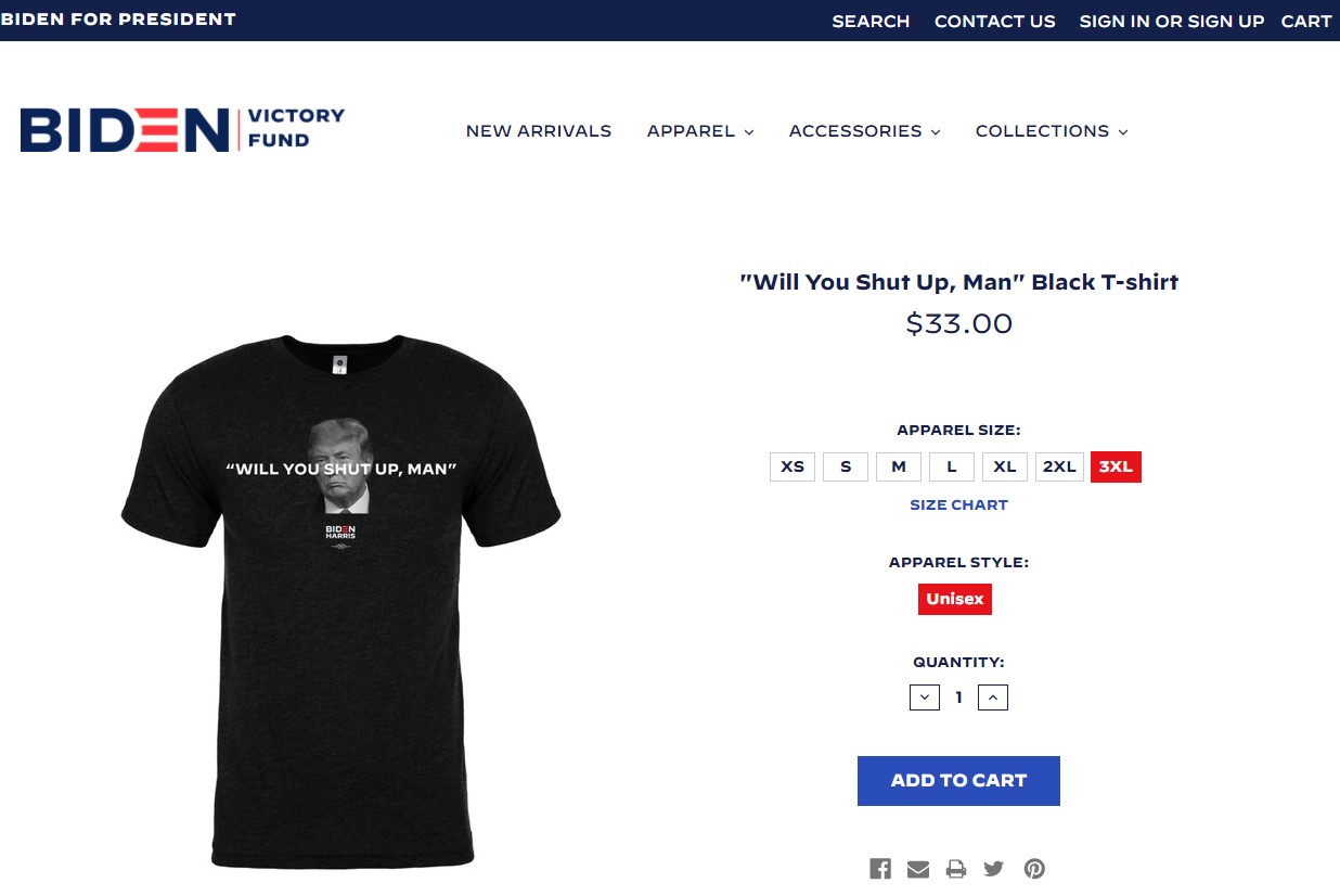 Campanha de Joe Biden passou a vender camisete com a frase 'Cala a boca, cara'