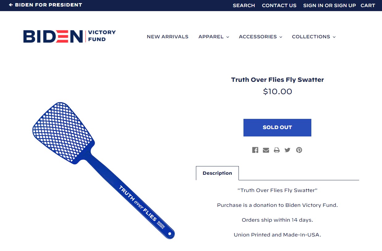 Campanha de Biden passou a vender mata mosca em loja virtual