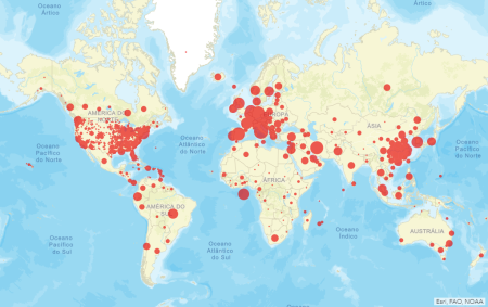 Mapa com países onde há registro do novo coronavírus