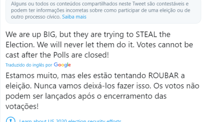 Trump diz que 'tentam roubar' a eleição e Twitter aponta post como falso