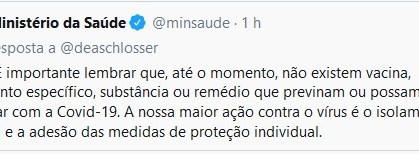 Ministério da Saúde, publicação sobre isolamento social 