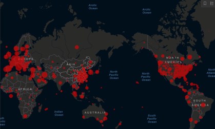 Mapa de casos do novo coronavírus compilados pela Universidade Johns Hopkins