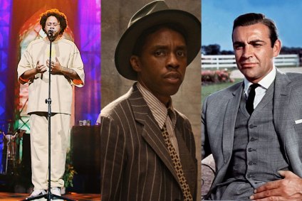 Da esquerda para a direita, Emicida, Chadwick Boseman e Sean Connery