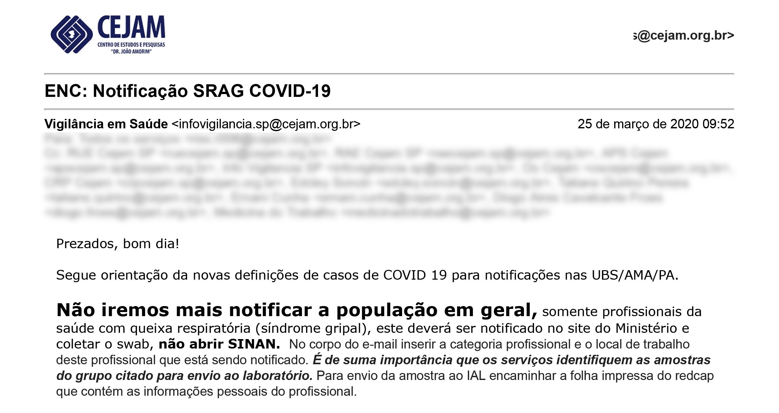 E-mail da CEJAM, organização de saúde parceira da prefeitura e do estado de SP