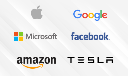 Logos das "big techs": Apple, Google, Microsoft, Facebook, Amazon e Tesla