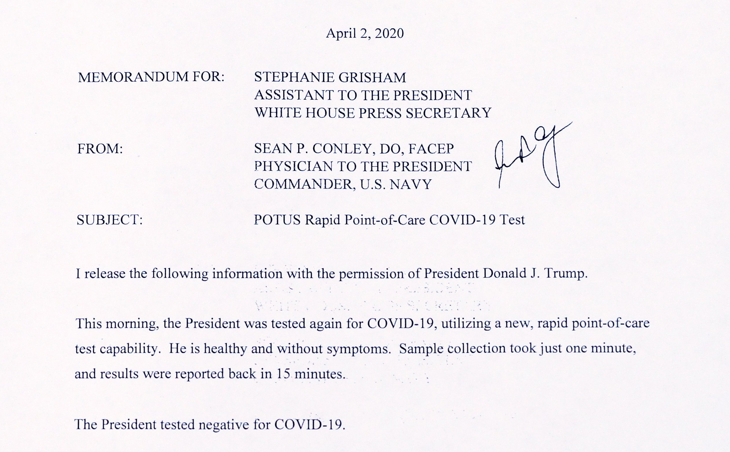 Carta da Casa Branca informa que teste de Trump para coronavírus foi negativo