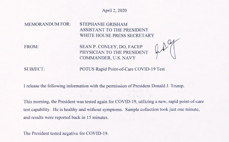 Carta da Casa Branca informa que teste de Trump para coronavírus foi negativo