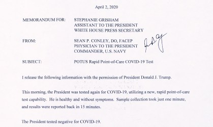 Casa Branca: Trump volta a ser testado para coronavírus e resultado é negativo