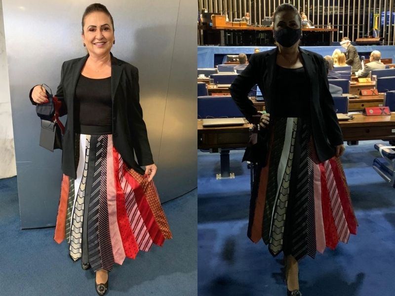 Senadora Kátia Abreu (PDT-TO)  usa saia feita de gravatas durante votação para p