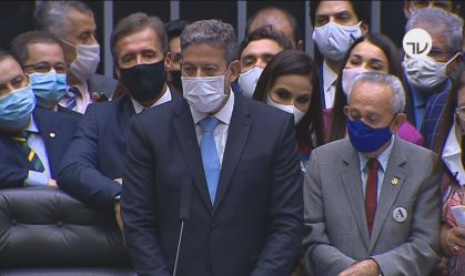 Presidente eleito da Câmara dos Deputados, Arthur Lira, faz seu discurso de poss