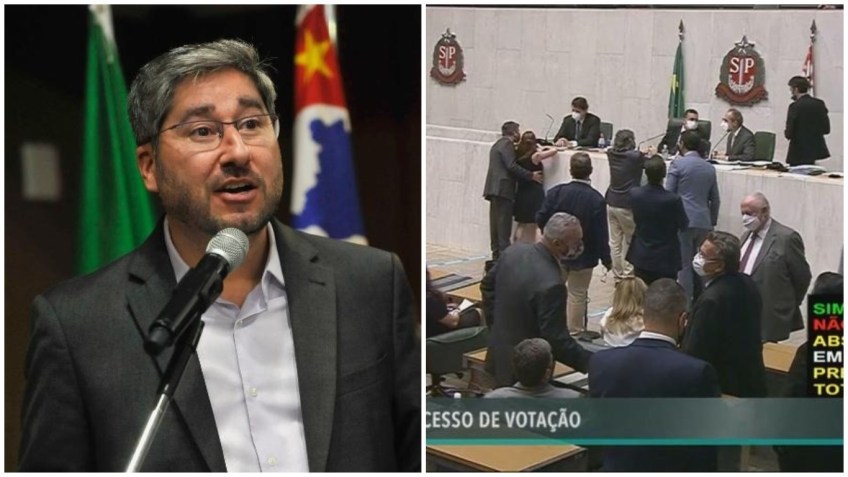 Relator propôs suspender mandatado de Cury (E) por 6 meses; à direita, o momento em que ele toca a colega Isa Penna / Foto: Reprodução/ Agência Alesp + Alesp