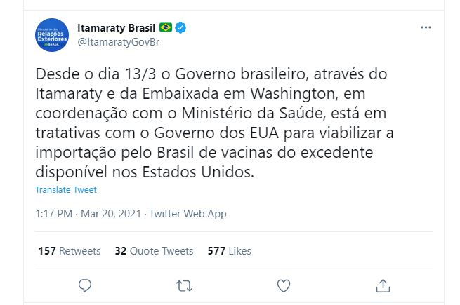 Tuíte do Itamaraty sobre negociações com EUA