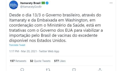 Governo brasileiro negocia com EUA compra de excedente de vacinas desde o dia 13