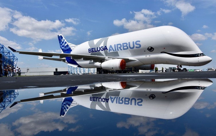 Avião Beluga, da Airbus, recebeu pintura da boca e olhos para ficar ainda mais parecido com uma baleia / Divulgação