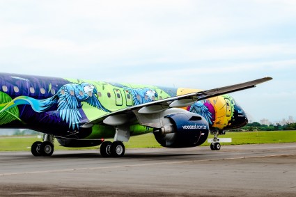 Avião da Azul com pintura da ararinha azul