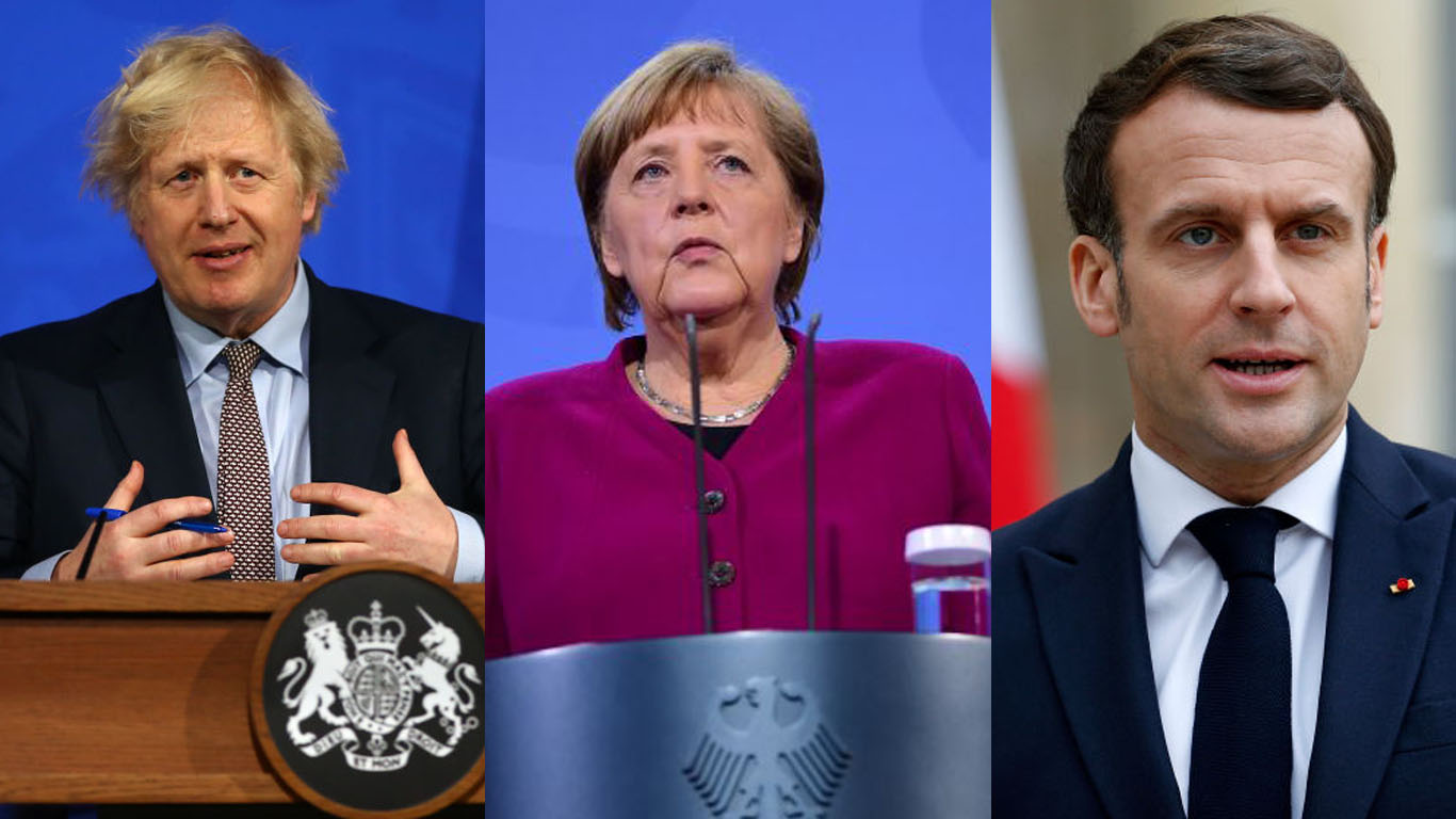 Boris Johnson, Angela Merkel e Emmanuel Macron