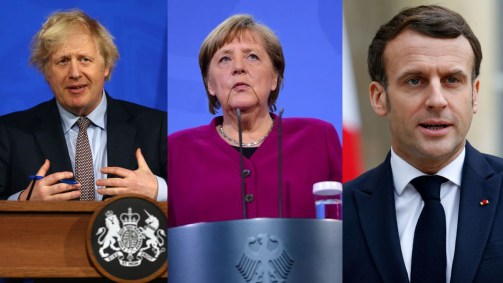Boris Johnson, Angela Merkel e Emmanuel Macron