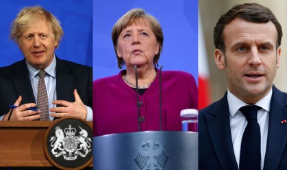 Boris Johnson, Angela Merkel e Emmanuel Macron