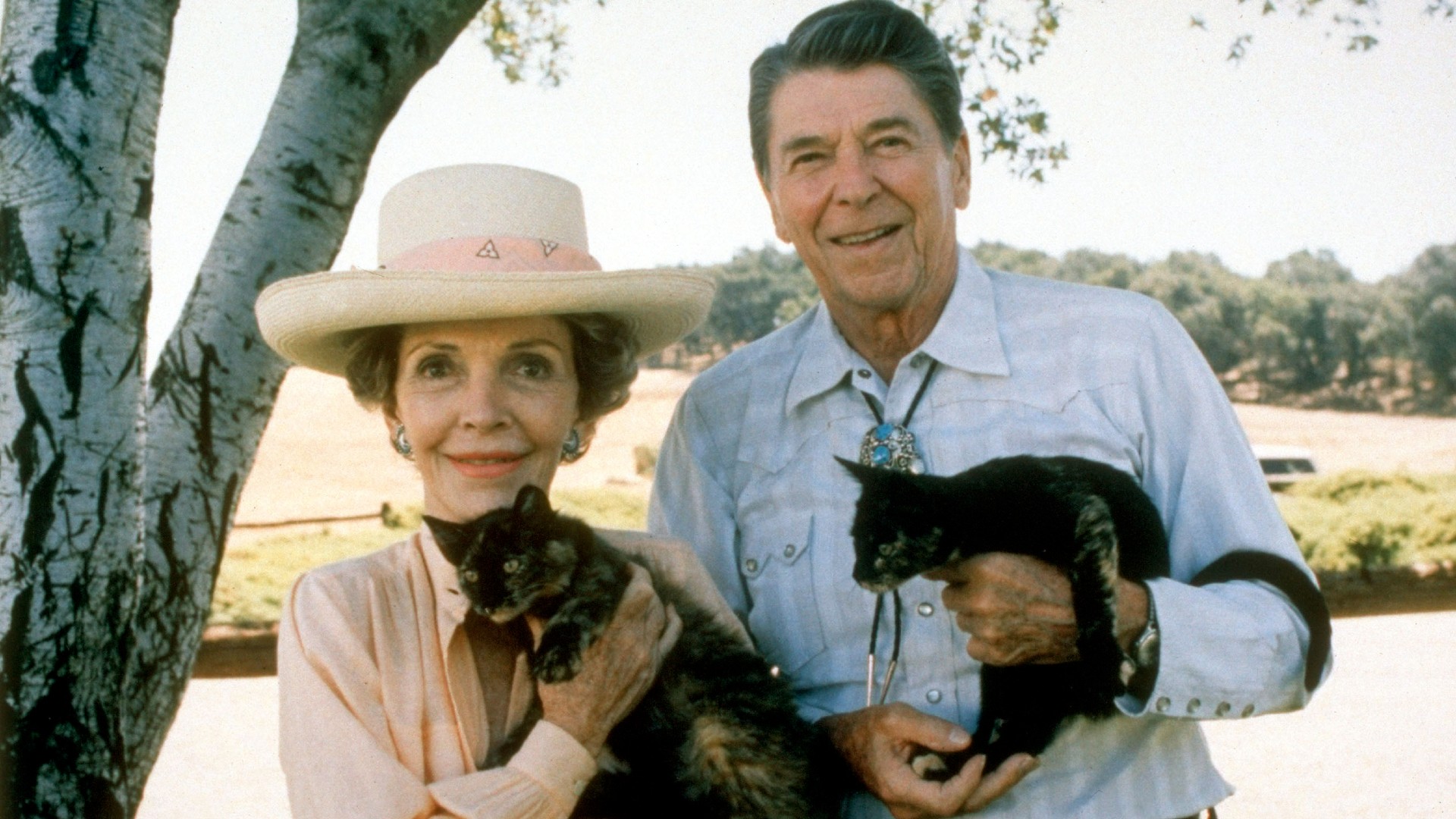 O presidente Ronald Reagan e sua esposa Nancy posam para foto com seus gatos