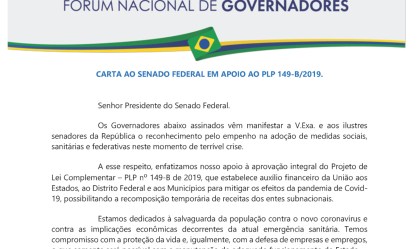 Em carta ao Senado, governadores apoiam projeto de ajuda aprovado na Câmara