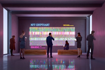 Foto de exibição NFT em galeria de arte. Imagem totalmente gerada em 3D