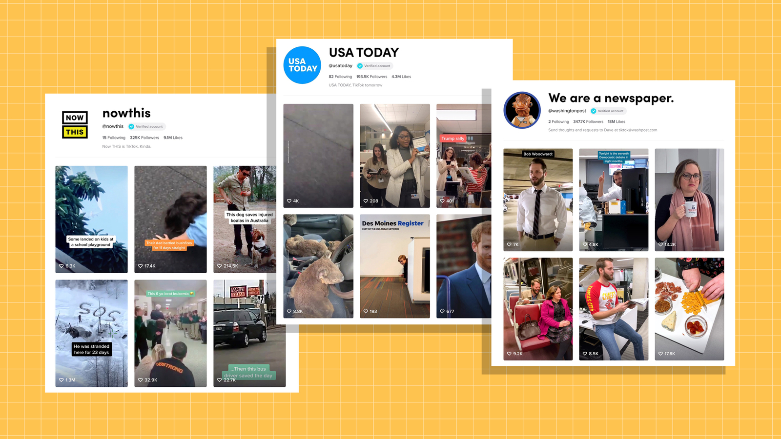 TikTok de veículos de imprensa: NowThis, USA Today, Washington Post