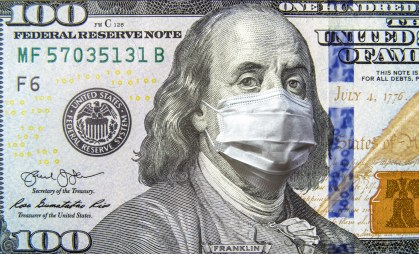 Montagem de Roosevelt usando máscara em nota de Dólar.