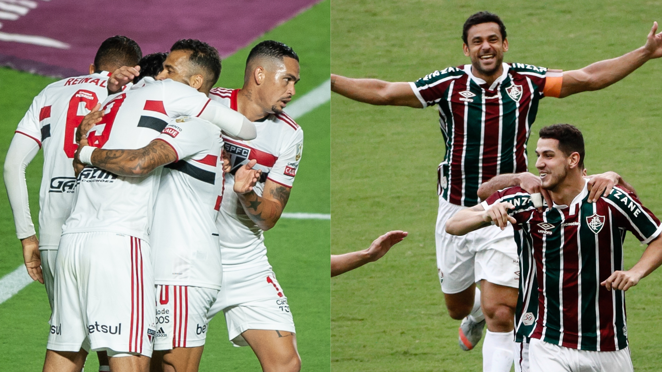 À esquerda, jogadores do São Paulo; à direita, atletas do Fluminense