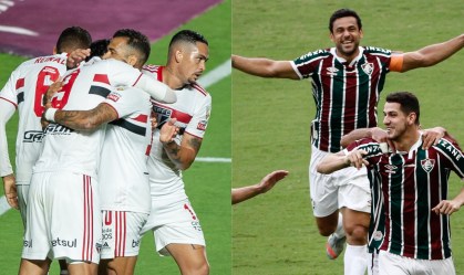À esquerda, jogadores do São Paulo; à direita, atletas do Fluminense