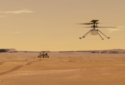 Ilustração mostra o helicóptero Ingenuity durante voo teste em Marte
