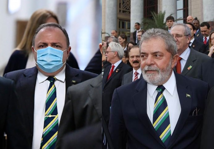 Eduardo Pazuello na CPI da Pandemia, em 19/05/21, e Lula, em imagem de 19/05/09