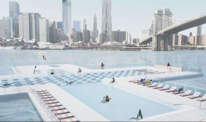 Piscina flutuante ao norte da ponte de Manhattan, Nova York (21 de maio de 2021)