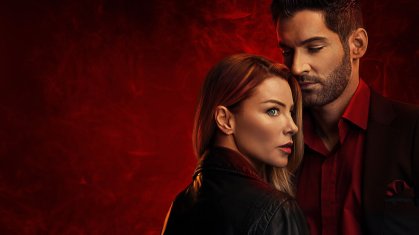 Pôster da série Lucifer, com os atores Tom Ellis e Lauren German