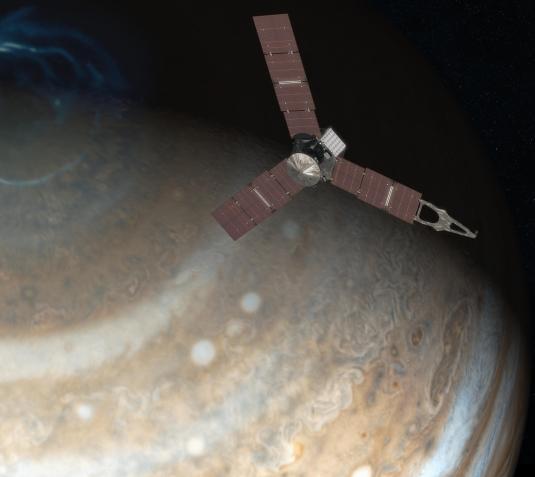 Representação artística mostra a nave Juno na órbita de Júpiter. / Nasa/JPL-Caltech
