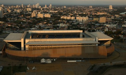 Vista aérea da Arena Pantanal, em Cuiabá, um dos estádios da Copa América
