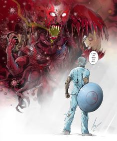 Profissionais de máscaras, com escudos, lutando contra o vírus