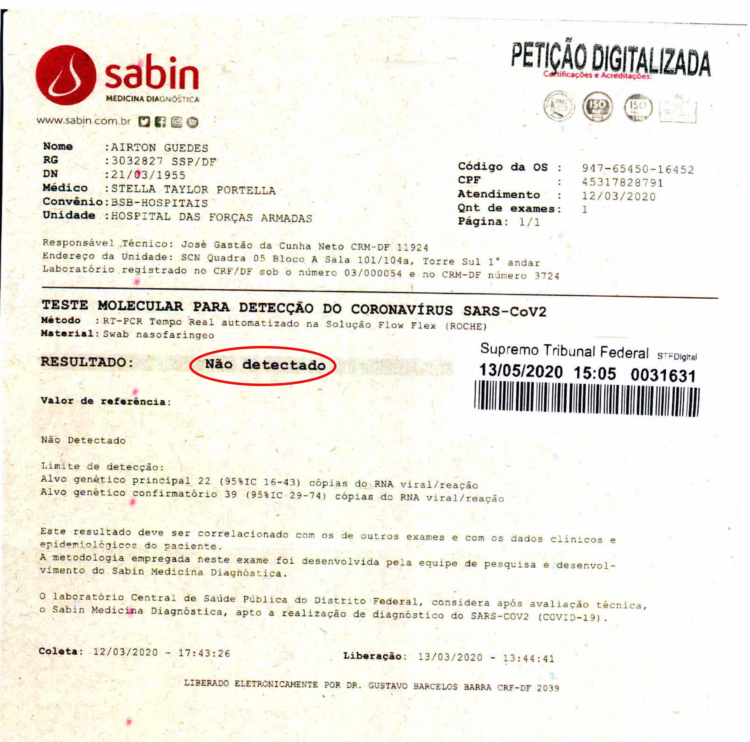 Jair Bolsonaro, teste, exame