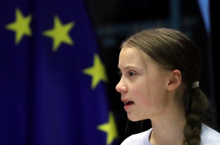 Greta Thunberg discursa no Parlamento Europeu, em Bruxelas, na Bélgica