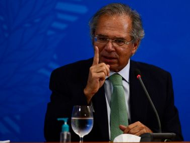 O ministro da Economia Paulo Guedes durante a coletiva de 500 dias do governo