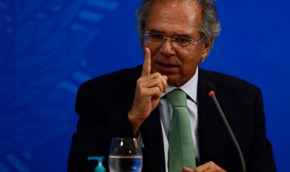 O ministro da Economia Paulo Guedes durante a coletiva de 500 dias do governo