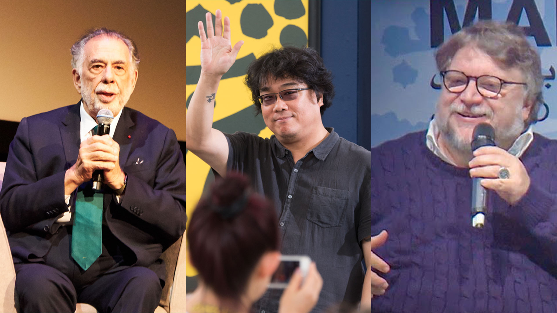 Os diretores Francis Ford Coppola, Bong Joon-Ho e Guillermo del Toro