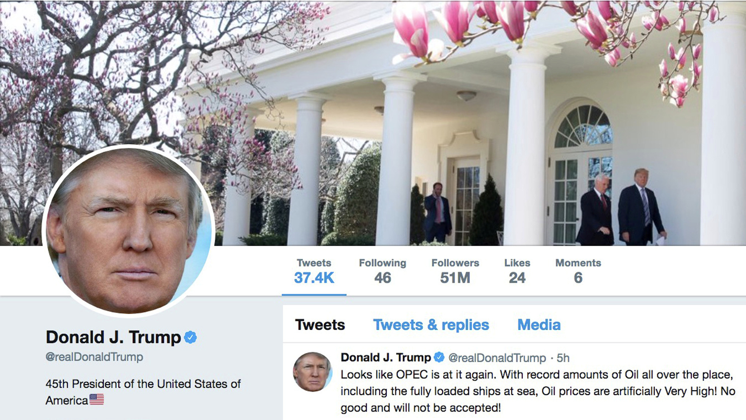 Página do Twitter mostra conta do presidente dos EUA, Donald Trump