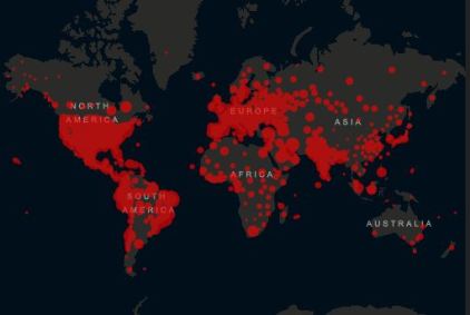 Mapa de casos de coronavírus no mundo em controle da Universidade Johns Hopkins